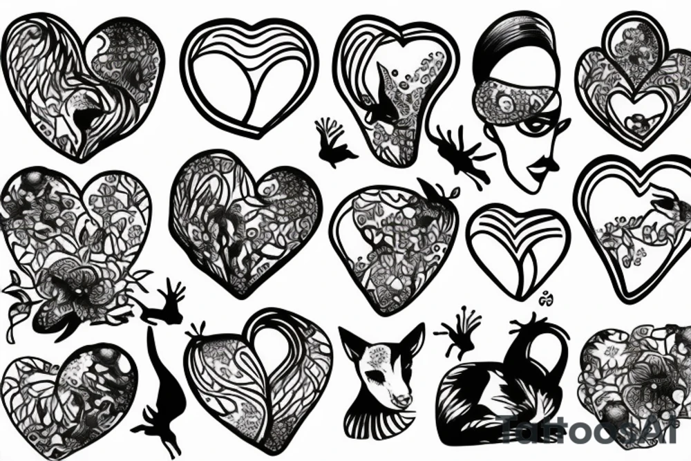 Glass heart surrounded by animals tattoo idea
