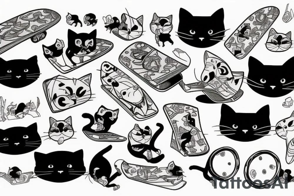 Black cat sad with a skateboard tattoo idea