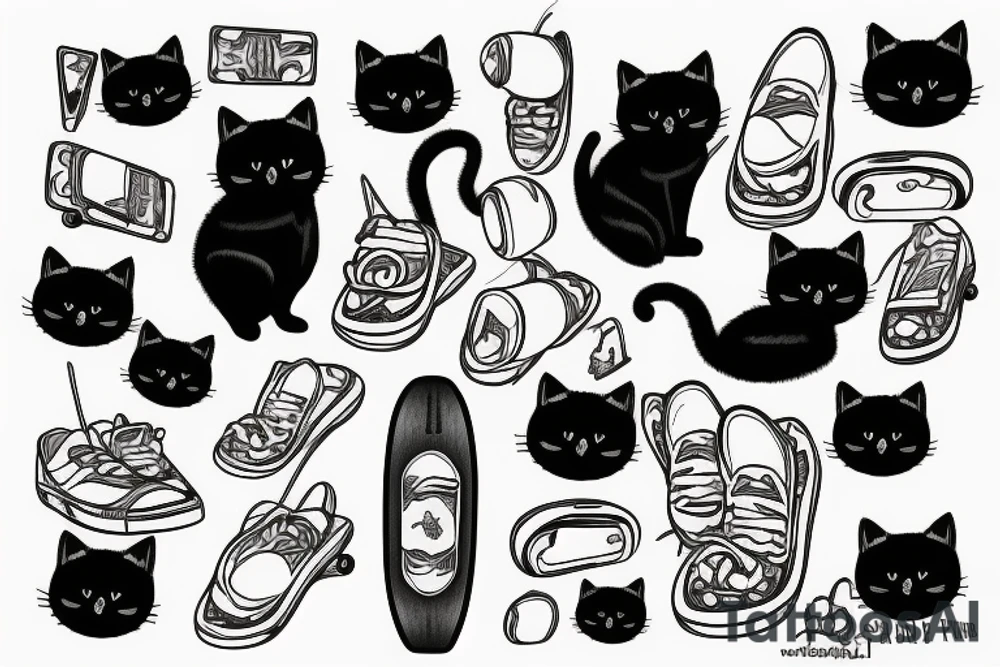 Black cat sad on a skateboard tattoo idea