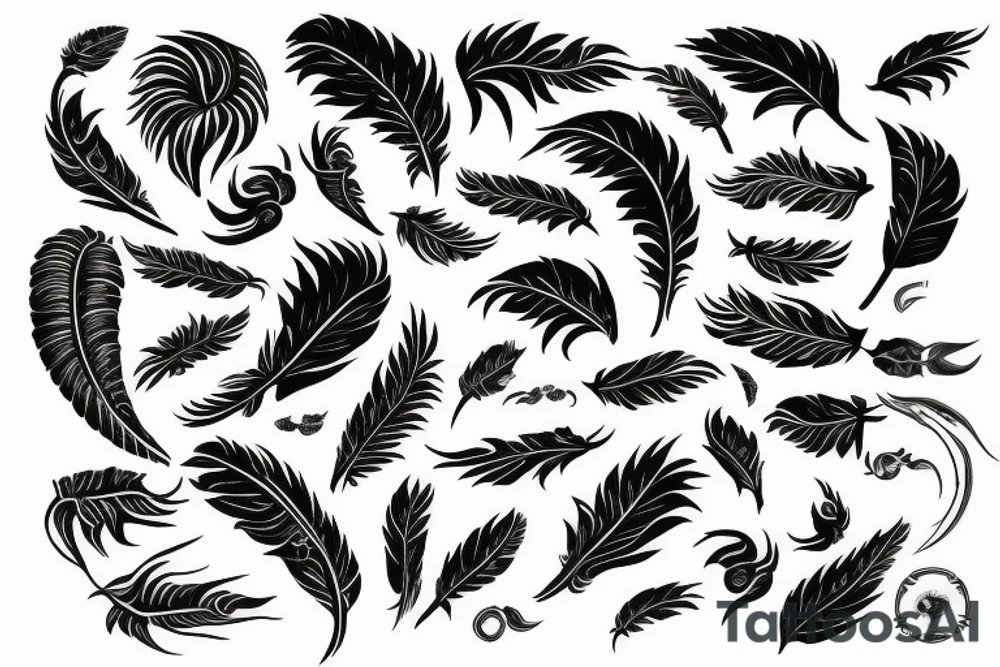 black Vishuddha, 6 feathers, infinitum, 33, Bm Fm Em tattoo idea