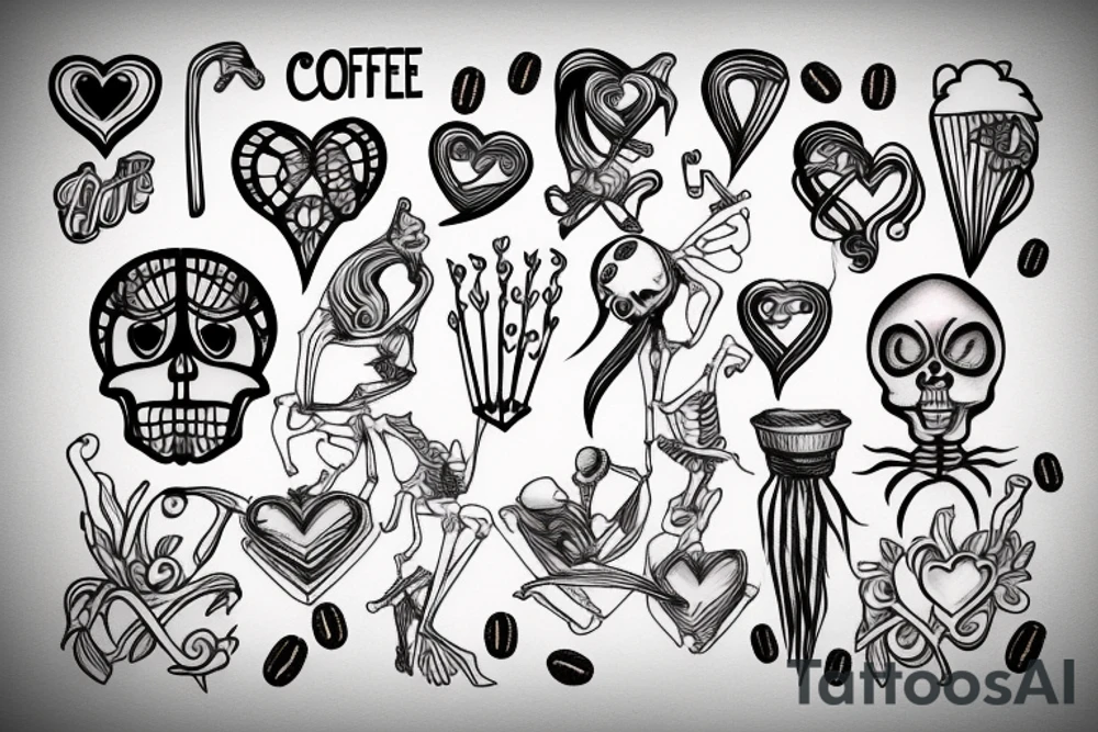 Coffee Skeleton and heart tattoo idea