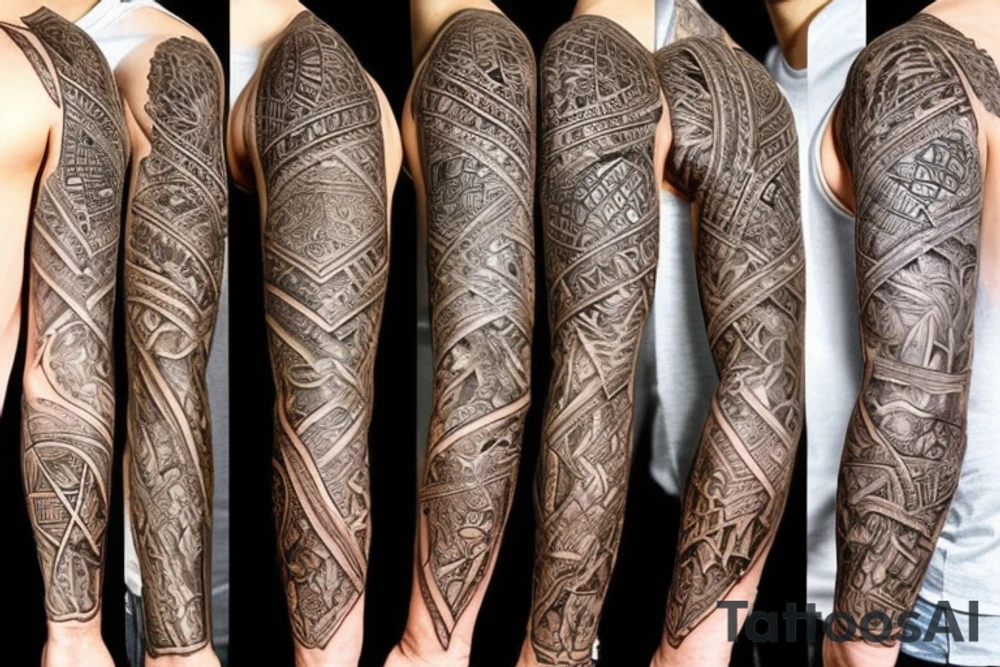 Left hand full sleeve that goes up to the chest and includes the left side of the neck with a really badass Knight armor that has the symbol of masonry covering as carved on the whole left chest tattoo idea