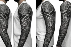 Left hand full sleeve that goes up to the chest and includes the left side of the neck with a really badass Knight armor that has the symbol of masonry covering as carved on the whole left chest tattoo idea