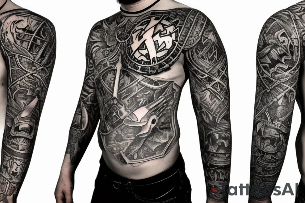 Left-hand full sleeve that goes up to the chest and includes the left side of the neck with a badass Knight armor that has the symbol of masonry covering as carved on the whole left chest tattoo idea