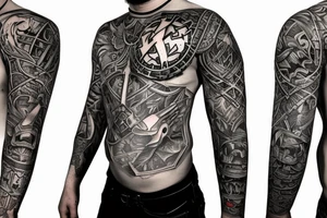 Left-hand full sleeve that goes up to the chest and includes the left side of the neck with a badass Knight armor that has the symbol of masonry covering as carved on the whole left chest tattoo idea