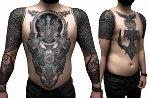 Left-hand full sleeve that goes up to the chest and includes the left side of the neck with a badass Knight armor that has the symbol of masonry covering as carved on the whole left chest tattoo idea