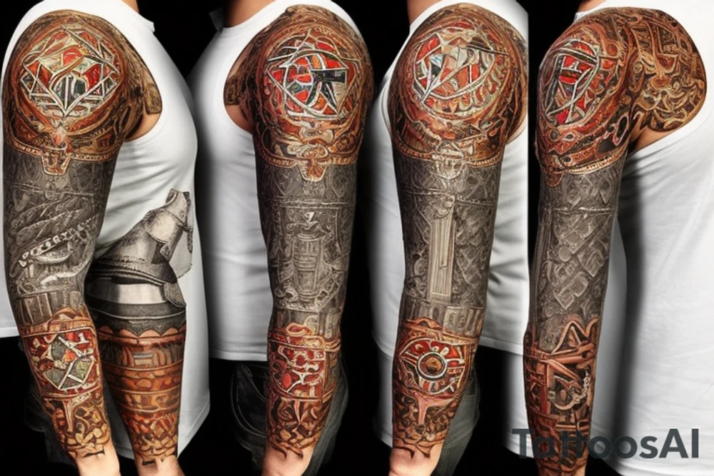A left-hand full sleeve goes up to the chest and includes the left side of the neck with a badass Knight armor that has the square and compass symbol of masonry covering as carved on the whole left chest tattoo idea