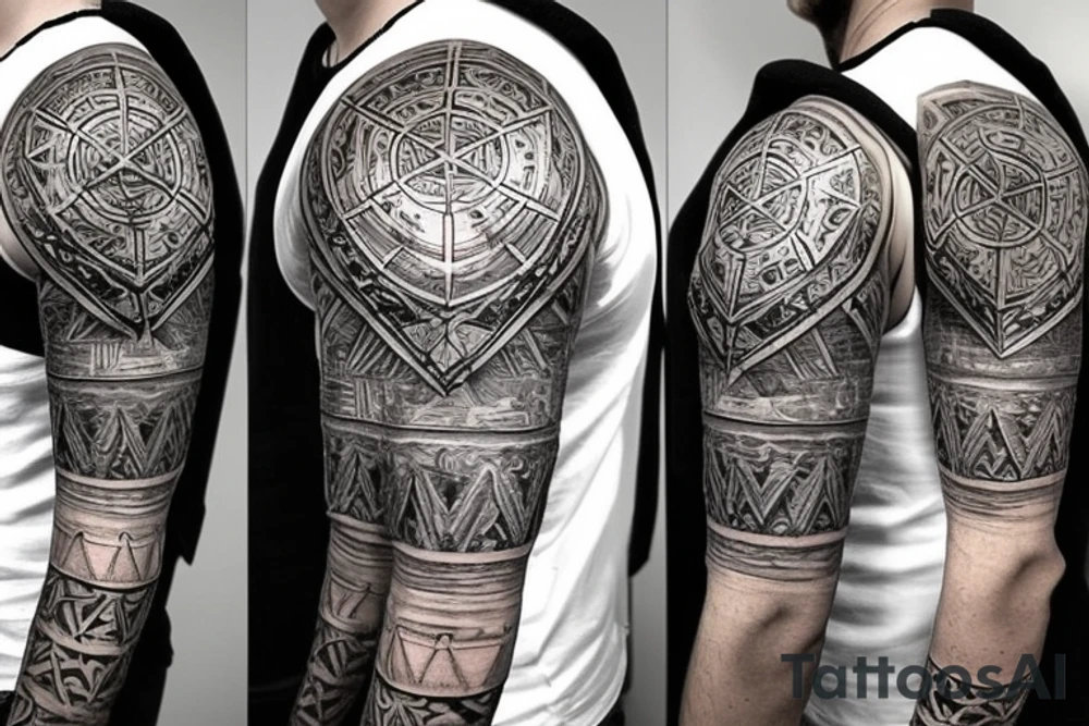 A left-hand full sleeve goes up to the chest and includes the left side of the neck with a badass Knight armor that has the square and compass symbol of masonry covering as carved on the whole left chest tattoo idea
