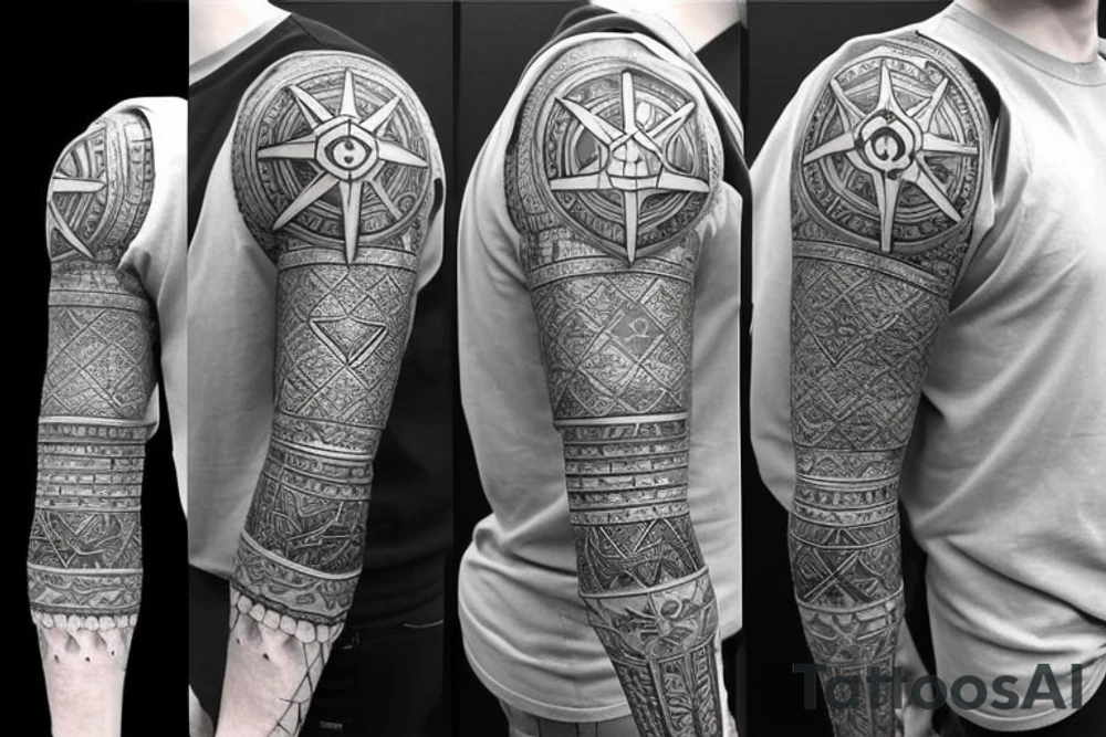 A left-hand full sleeve goes up to the chest and includes the left side of the neck with a badass Knight armor that has the square and compass symbol of masonry covering as carved on the whole left chest tattoo idea