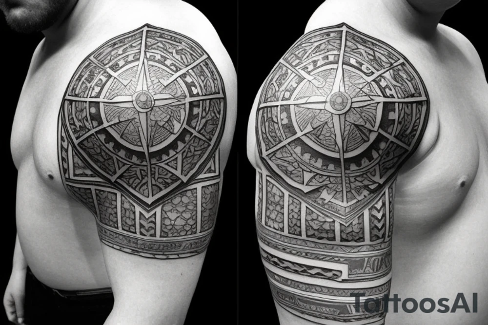 A left-hand full sleeve goes up to the chest and includes the left side of the neck with a badass Knight armor that has the square and compass symbol of masonry covering as carved on the whole left chest tattoo idea