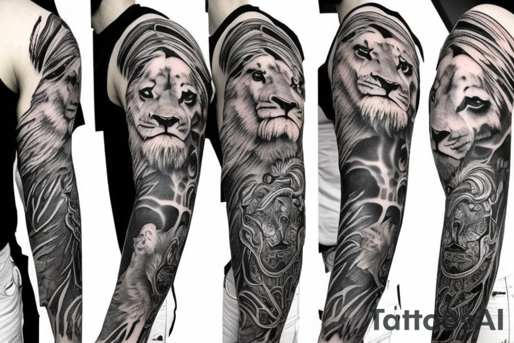 Lion head on shoulder and full arm sleeve tattoo tattoo idea