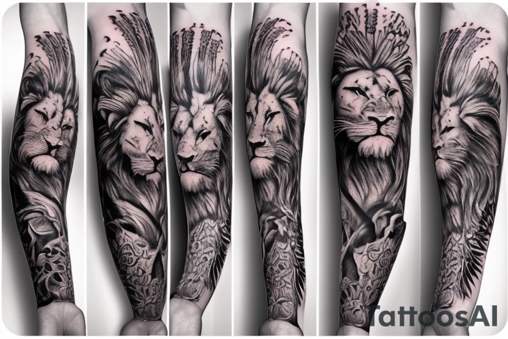 full arm sleeve tattoo with lion head tattoo idea