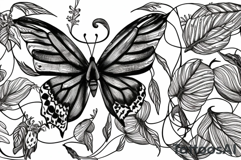 pen and ink drawing of butterfly on ayahuasca vine tattoo idea