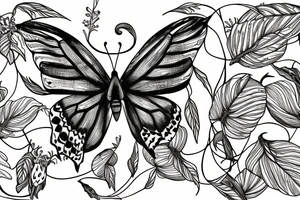 pen and ink drawing of butterfly on ayahuasca vine tattoo idea