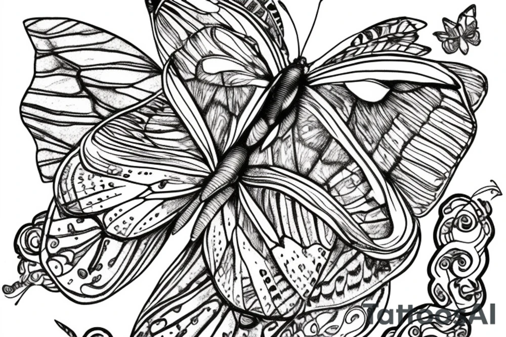 pen and ink drawing of butterfly on ayahuasca vine tattoo idea