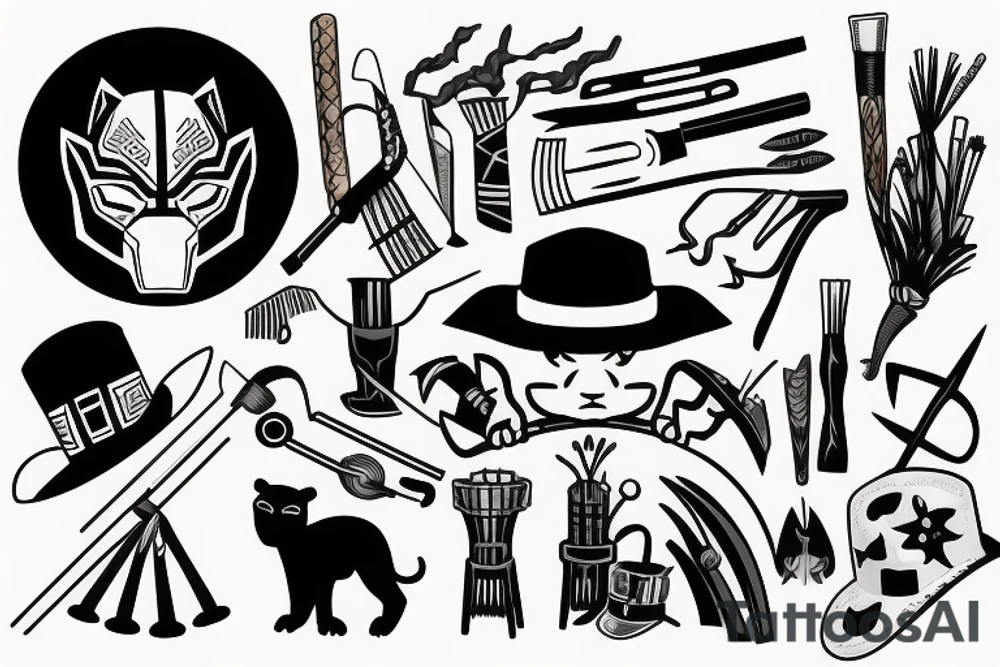 Black panther with a straw hat and farm tools tattoo idea