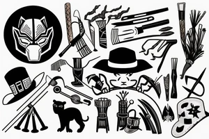 Black panther with a straw hat and farm tools tattoo idea
