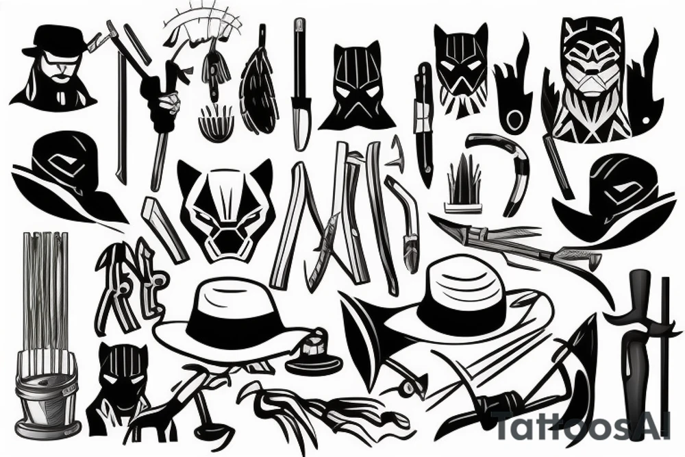 Black panther with a straw hat and farm tools tattoo idea