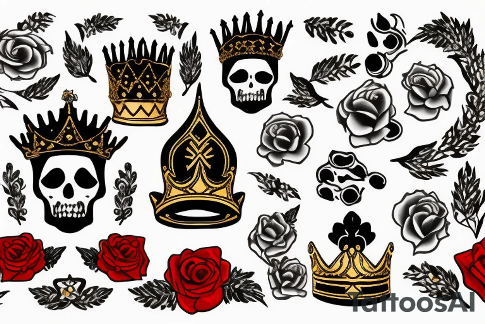 king wearing a golden crown and with red roses tattoo idea