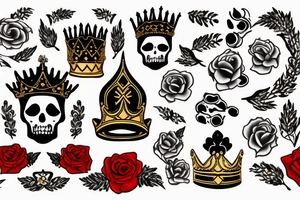 king wearing a golden crown and with red roses tattoo idea