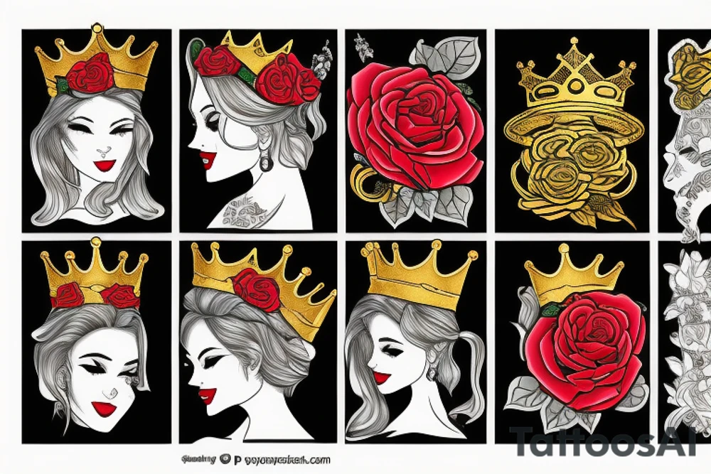 king wearing a golden crown and with red roses tattoo idea