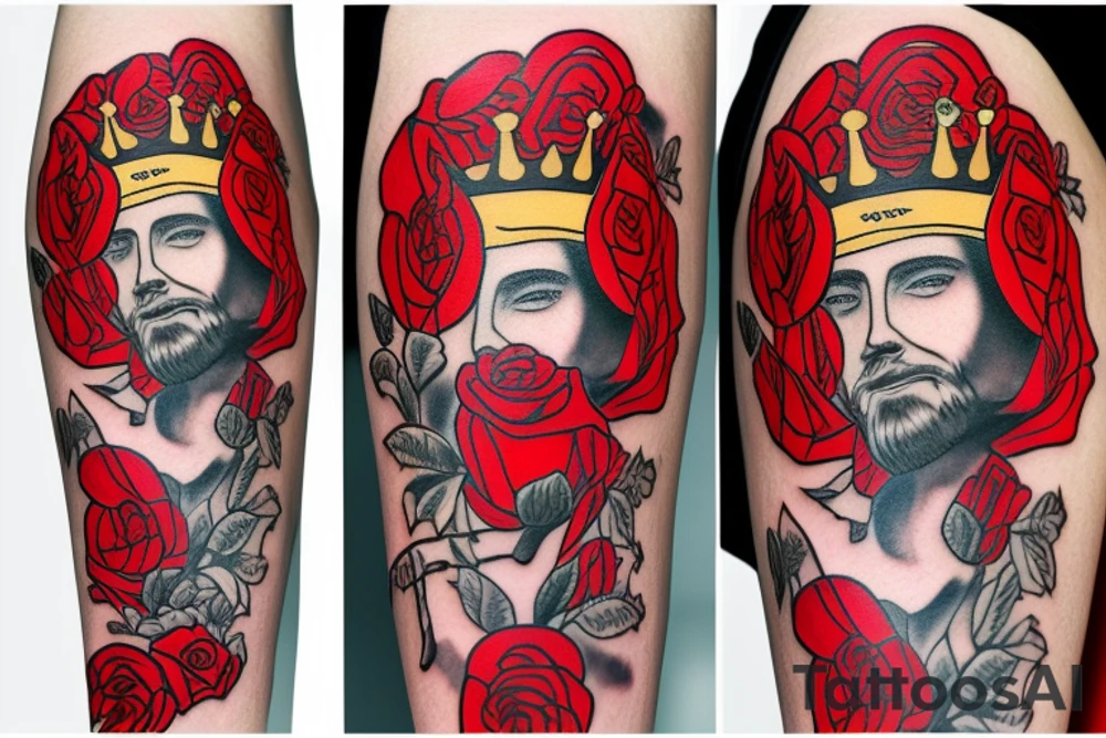 tattoo of a white male king wearing a golden crown and with red roses tattoo idea