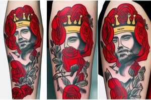tattoo of a white male king wearing a golden crown and with red roses tattoo idea