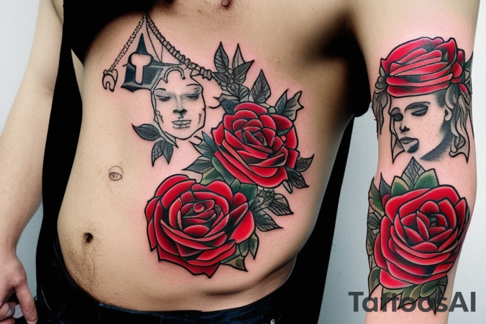 tattoo of a white male king wearing a golden crown and with red roses tattoo idea