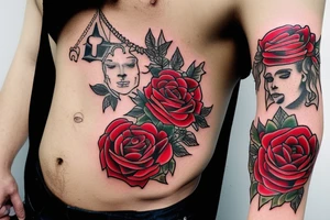 tattoo of a white male king wearing a golden crown and with red roses tattoo idea