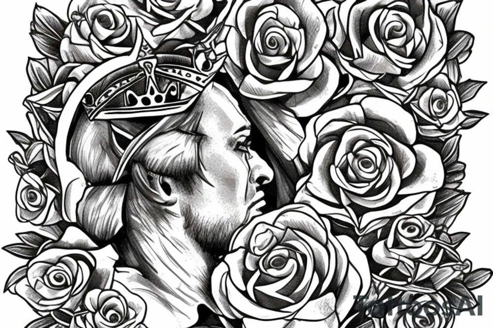 white male king wearing a golden crown and with red roses tattoo idea