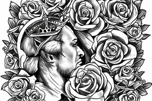 white male king wearing a golden crown and with red roses tattoo idea