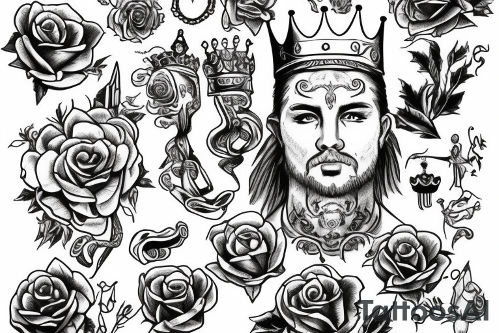 white male king wearing a golden crown and with red roses tattoo idea
