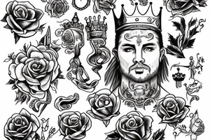 white male king wearing a golden crown and with red roses tattoo idea