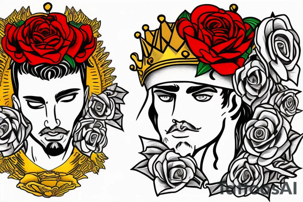 white male king wearing a golden crown and with red roses tattoo idea