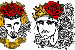 white male king wearing a golden crown and with red roses tattoo idea