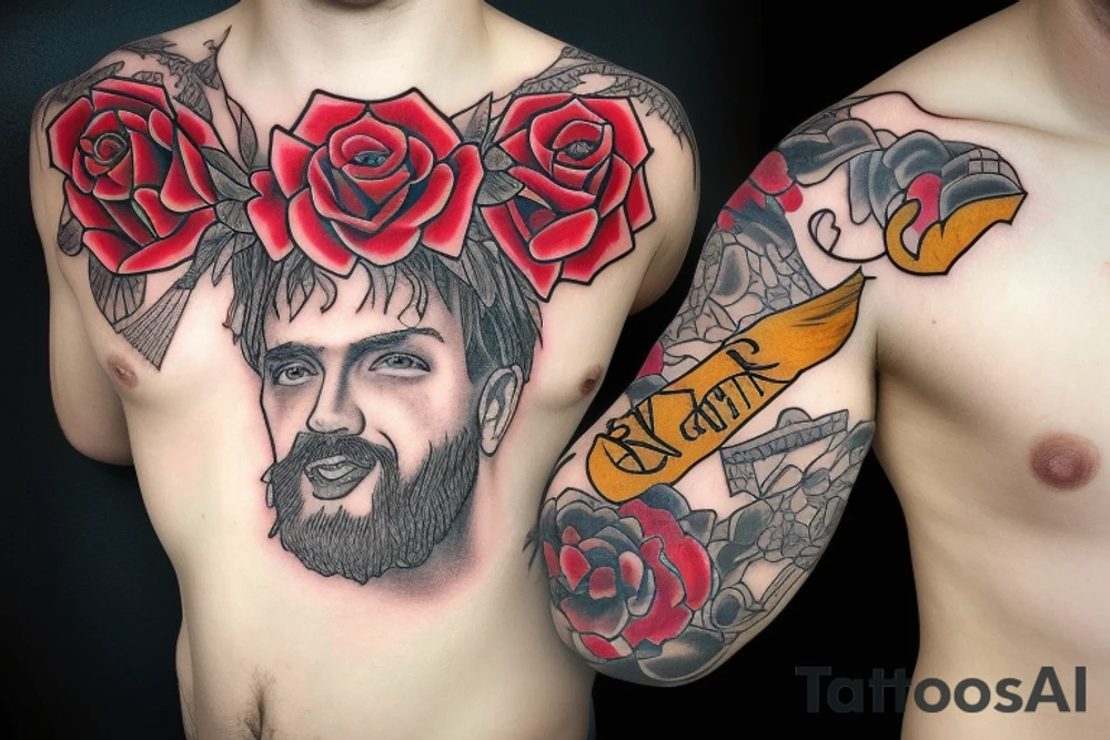 white male king wearing a golden crown and with red roses tattoo idea