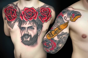 white male king wearing a golden crown and with red roses tattoo idea