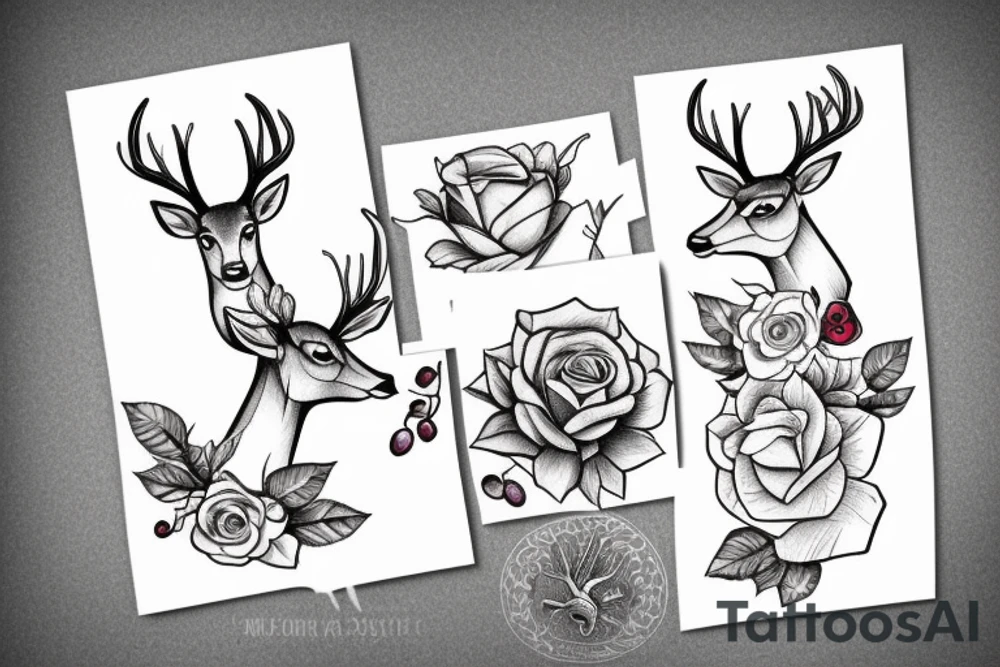 deer with rose, berries tattoo idea