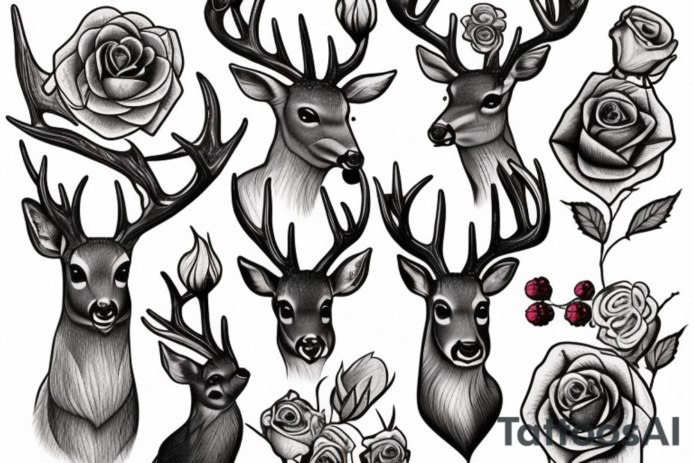 deer with rose, berries tattoo idea