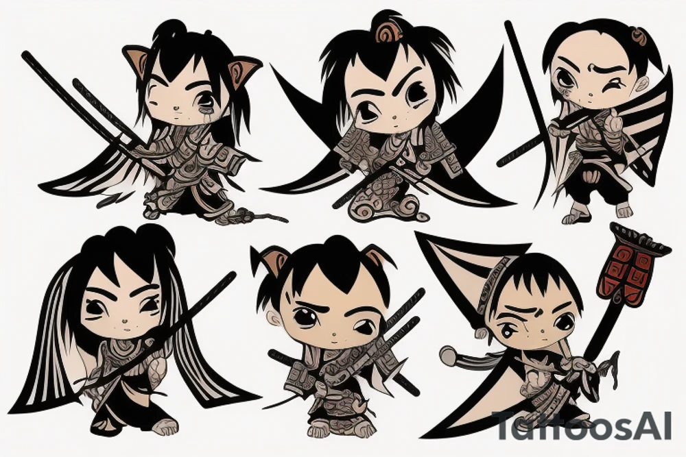 Chibi Samurai with baby dragon on shoulder tattoo idea