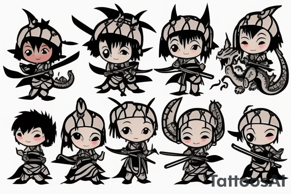 Chibi Samurai with baby dragon companion tattoo idea