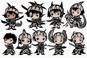 Chibi Samurai with baby dragon companion tattoo idea