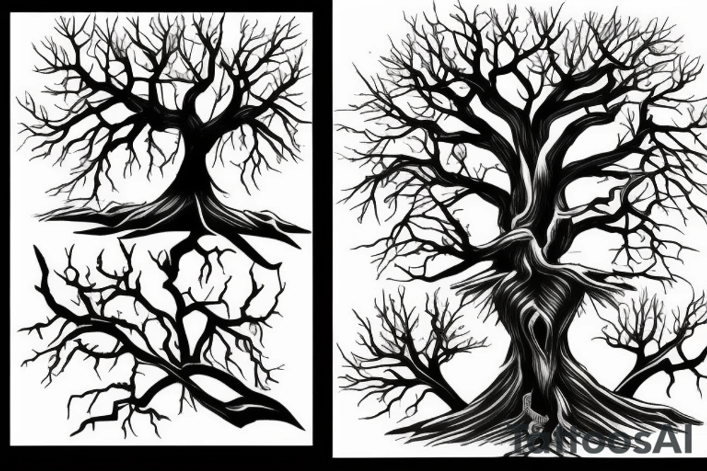 Split tree, with a half died and the other a half alive tattoo idea
