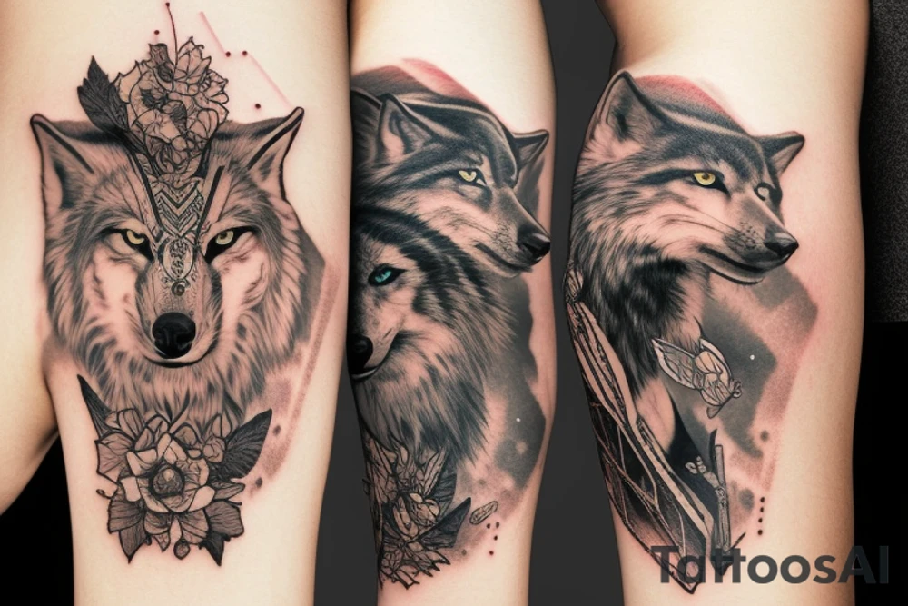 lone wolf for the shoulder, with a technological background tattoo idea