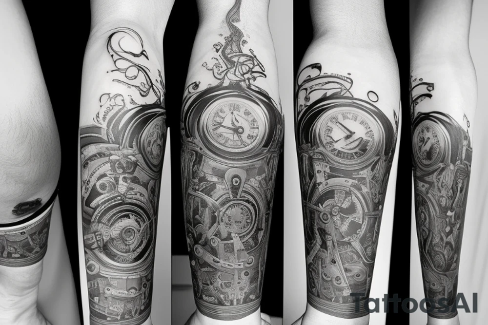 Tattoo of a sand time piece with a great background on calf tattoo idea