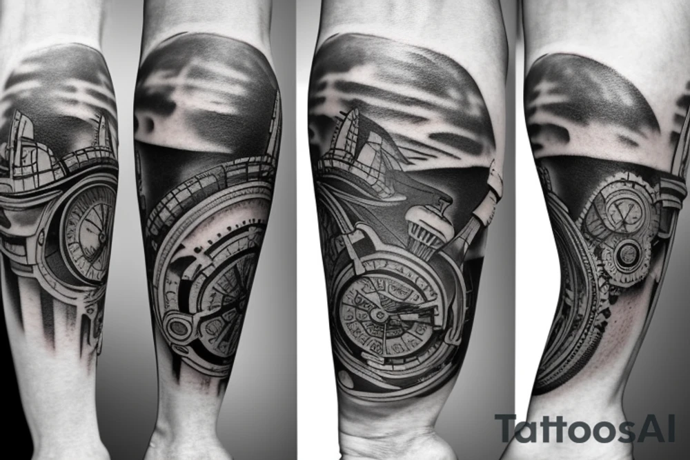 Tattoo of a sand time piece with a great background on calf tattoo idea