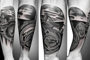 Tattoo of a sand time piece with a great background on calf tattoo idea