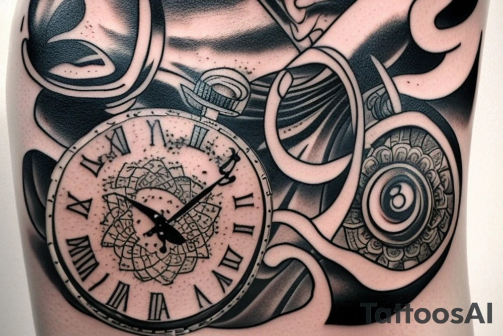 Tattoo of a sand time piece with a great background on calf tattoo idea