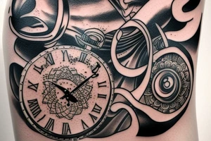 Tattoo of a sand time piece with a great background on calf tattoo idea
