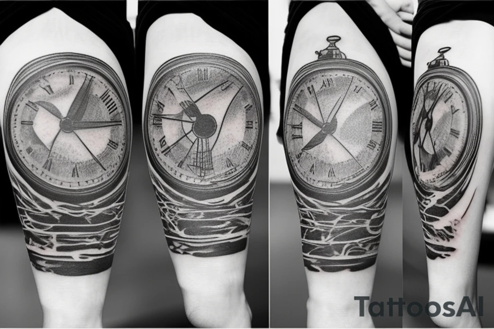 Tattoo of a sand time piece with a great background on calf tattoo idea